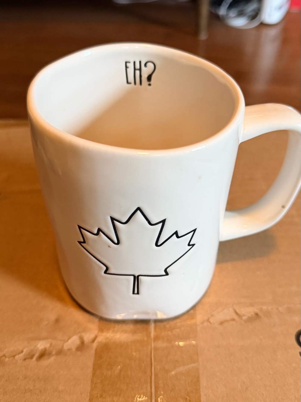 Rae Dunn Cream Ceramic Mug with Maple Leaf and "EH?" - Picture 3 of 3